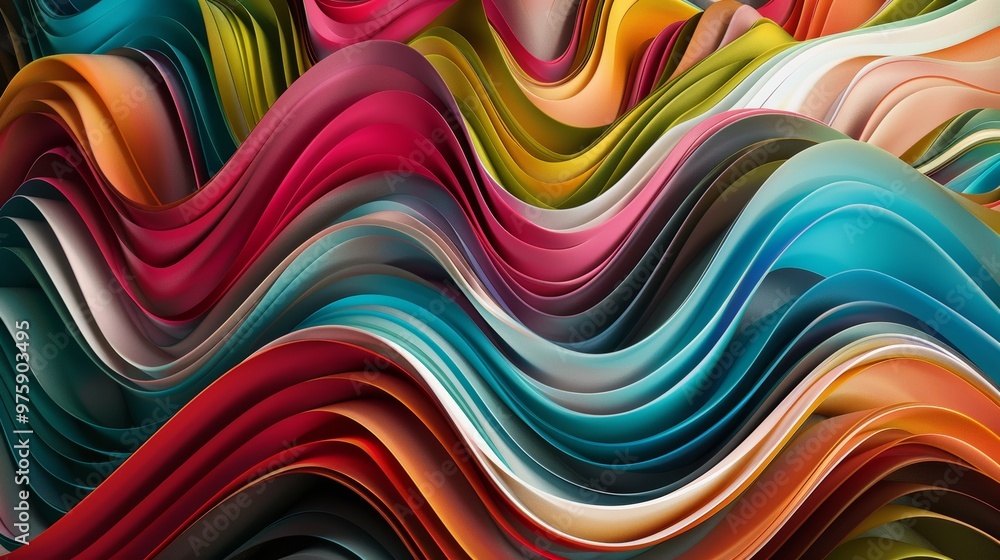 Poster vibrant waves of colored paper create an abstract pattern in a close-up view, showcasing dynamic tex