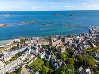 An aerial drone view of Roscoff in France