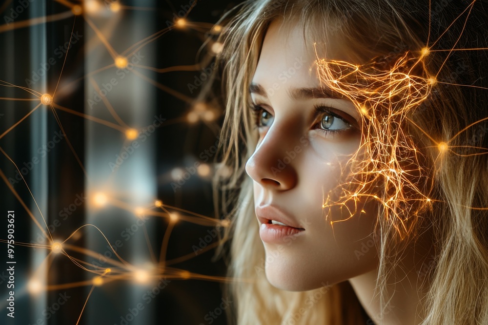 Poster close up of a woman’s face illuminated by glowing neural connections symbolizing intelligence digita