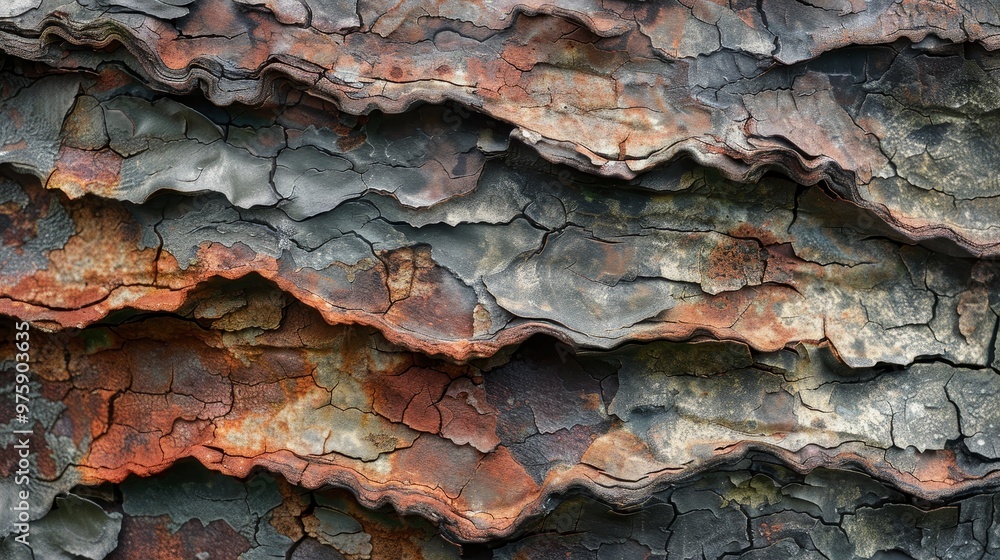 Poster textured layers of weathered bark on a tree showcasing intricate patterns in natural hues and tones