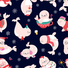 Fur seals seamless pattern. Christmas seal in xmas party hats scarves mittens. Animal and snowflakes. Winter seasonal fabric print, vector design