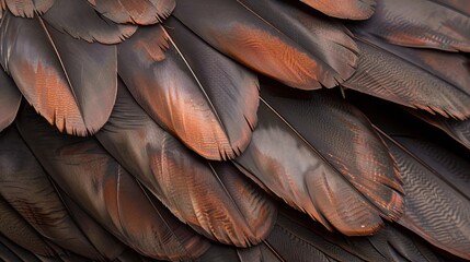 Obraz premium Close-up of intricately textured bird feathers displaying rich browns and subtle iridescence against a natural backdrop in sunlight