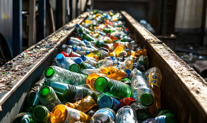 Waste sorting. Recycled plastic bottles on a conveyor belt in a waste disposal plant.