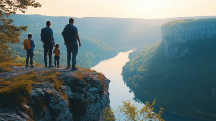 Obraz premium A family enjoying a scenic view of a river and mountains at sunset, capturing the beauty of nature and togetherness.