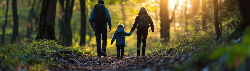 A family walks hand in hand through a serene forest, enjoying nature and quality time together in the golden light of sunset.