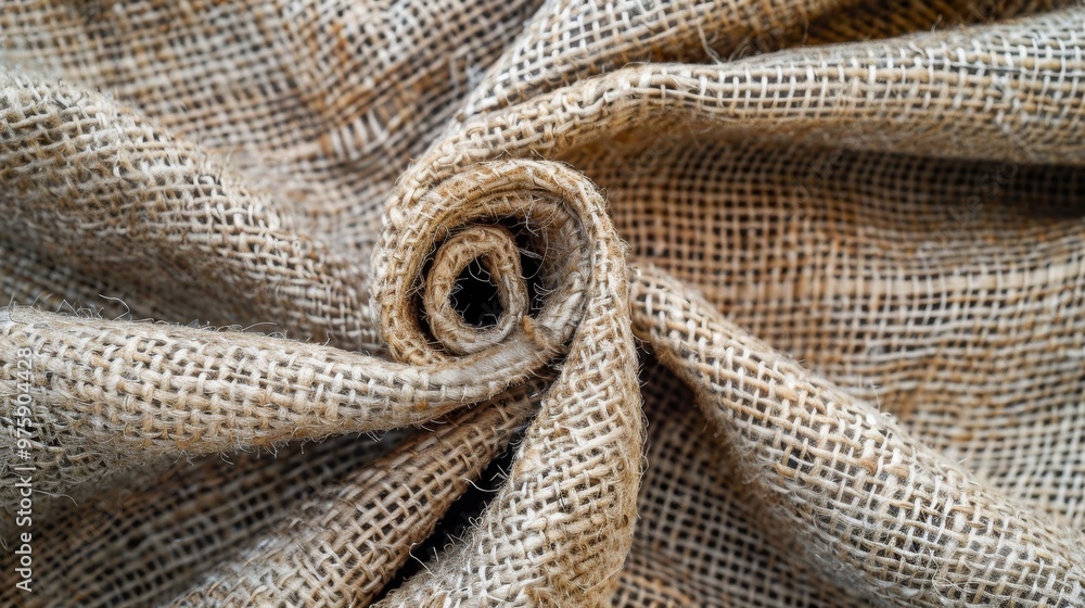 Poster natural burlap fabric texture rolled in a spiral, showcasing a neutral color palette and soft fibers