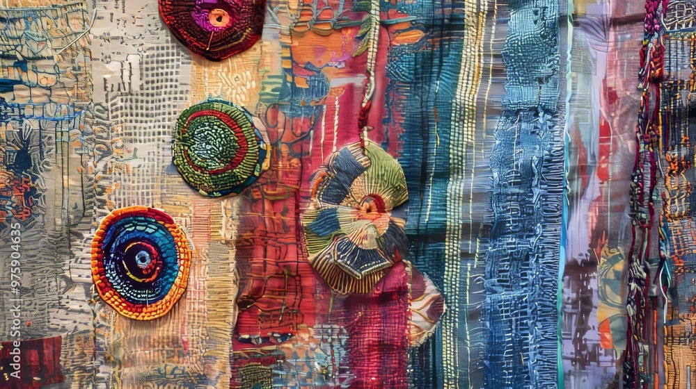 Aufkleber colorful textile wall hanging displaying intricate patterns and circular motifs in a vibrant artisti