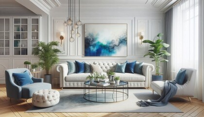 A mid-century modern living room, dark teal accent wall, large textured art canvas, teal velvet sectional sofa with colorful patterned throw pillows, wood floors, potted plant decor, industrial pendan