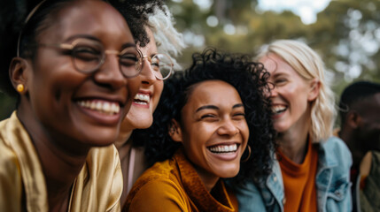 Fototapeta premium Friends enjoying laughter during a sunny outdoor gathering in a lush garden