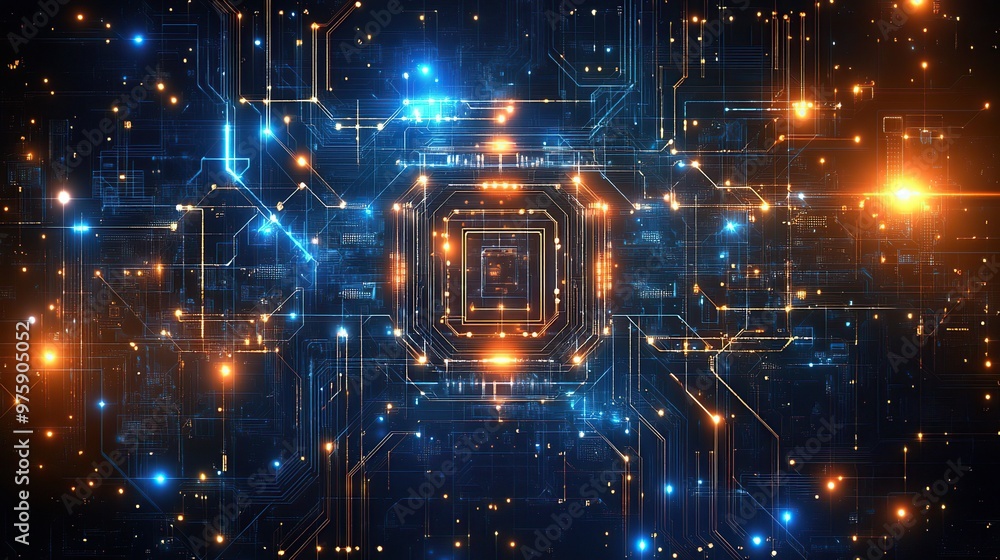 Poster futuristic circuit board with glowing blue and orange lines and dots, representing a network connect