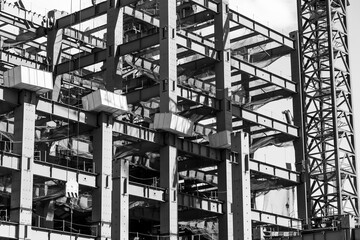 Black and white photo, View of steel Structure for building construction.