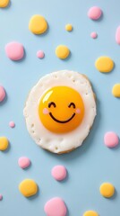 Cheerful Fried Egg With a Smiling Yolk on a Pastel Background With Colorful Droplets