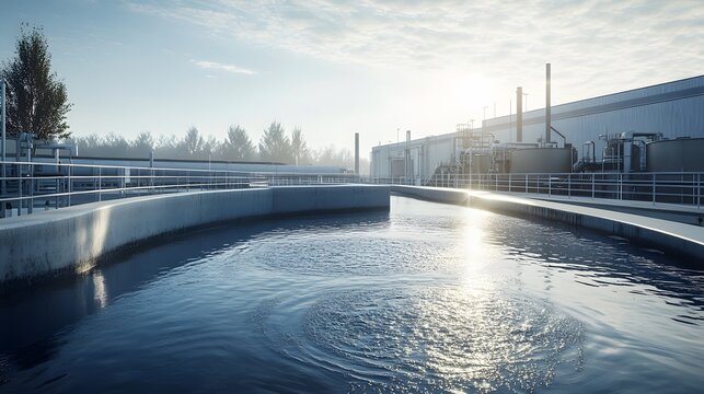 A bright wastewater treatment plant under a clear blue sky showcases sunlight reflecting on water, circular tanks, and concrete structures that signal modern industrial architecture.