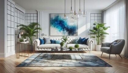 A mid-century modern living room, dark teal accent wall, large textured art canvas, teal velvet sectional sofa with colorful patterned throw pillows, wood floors, potted plant decor, industrial pendan