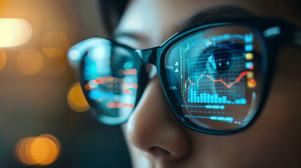 Smart glasses showcase health monitoring data, including digital graphs and statistics, as a user gazes attentively in a contemporary setting, highlighting advanced technology in wearable devices