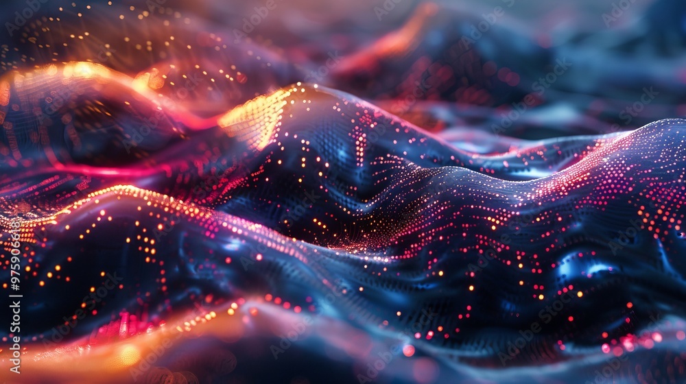 Poster vibrant abstract representation of flowing waves illuminated with colorful reflections in a dark env