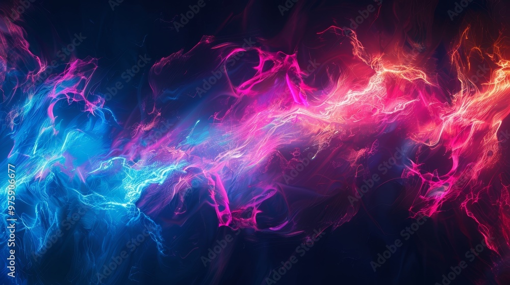 Poster colorful abstract energy waves illuminating a dark background in a vibrant display of blue and pink 