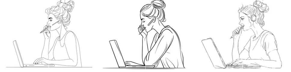 An e-learning concept featuring a woman with a laptop and biting a pen in continuous one-line flow