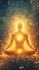 A meditating figure surrounded by an aura of golden light, radiating energy and spiritual power.