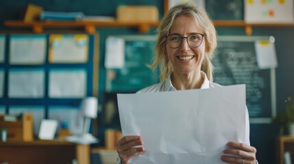 Teacher smiling while holding a blank sheet of paper in a bright classroom during the daytime