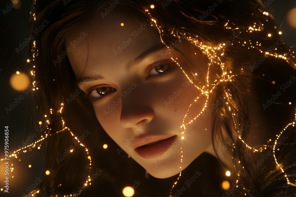 Poster portrait of a woman with glowing light threads wrapping around her face evoking themes of interconne