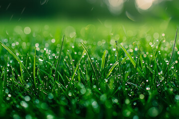 Morning dew on fresh green grass symbolizes tranquility and renewal. vibrant green blades glisten with droplets, creating serene and refreshing atmosphere
