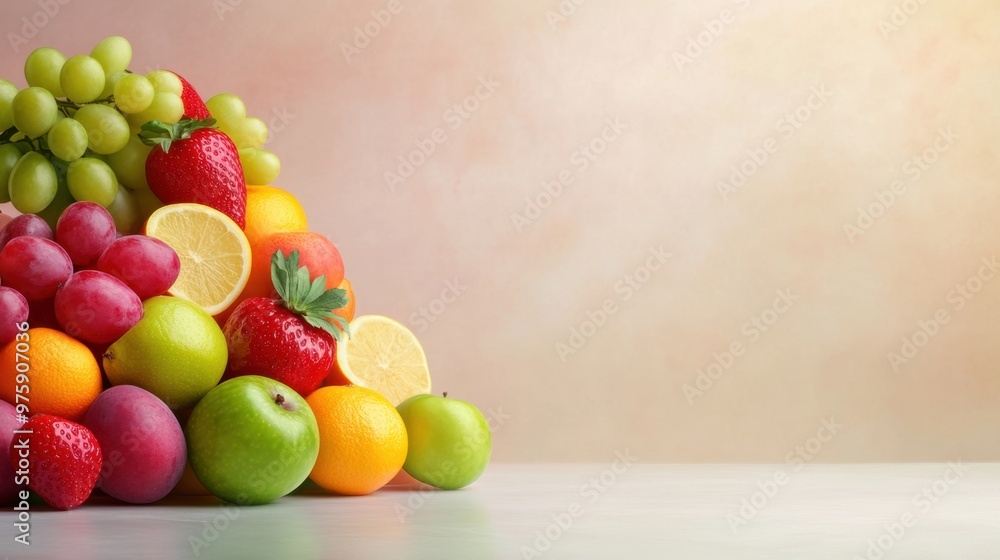 Poster a pile of assorted fruit on a table with some oranges, ai