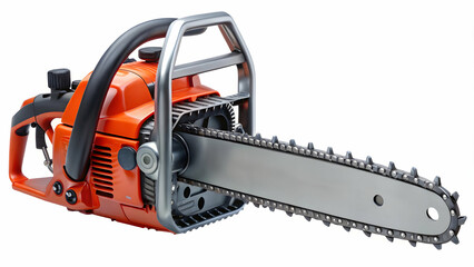 Powerful chainsaw with a bright orange and silver design.