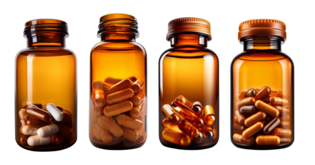 Four amber medicine bottles filled with various capsules and tablets, isolated on a white background, representing healthcare and medication.