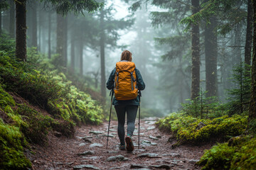 Obraz premium A person at start of hiking trail, ready to explore misty forest. vibrant yellow backpack contrasts beautifully with lush greenery, creating sense of adventure and tranquility