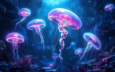 Stunning digital illustration of glowing jellyfish floating in a deep, mysterious undersea environment with vivid colors and serene beauty.