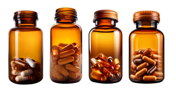 Four amber medicine bottles filled with various capsules and tablets, isolated on a white background, representing healthcare and medication.