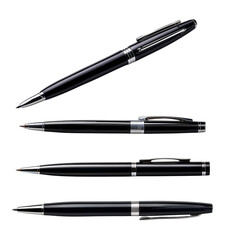 A collection of sleek, black ballpoint pens with a polished silver trim, showcasing various angles and details on a clear background.