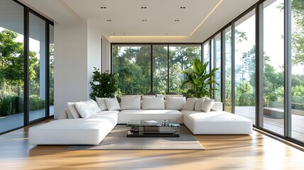 Naklejka premium A modern bright living room features a large L-shaped white sofa, floor-to-ceiling windows, and wooden flooring, creating an airy atmosphere with natural daylight.
