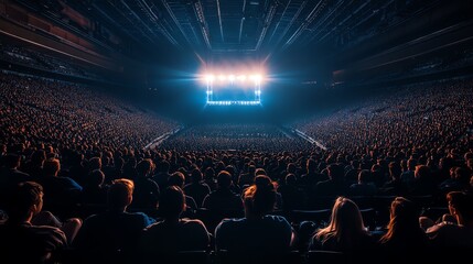 Massive audience at a live concert in a grand arena, cheering and enjoying the spectacular light show on stage.