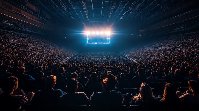 Massive audience at a live concert in a grand arena, cheering and enjoying the spectacular light show on stage.