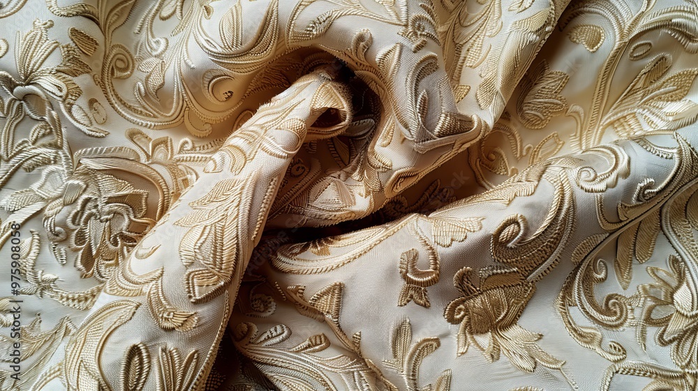 Poster elegant textured fabric with intricate patterns in soft beige shades, showcasing the craftsmanship o