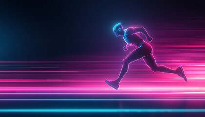 Obraz premium Futuristic runner in neon lights, symbolizing speed, technology, and modern fitness in motion against a dark background.