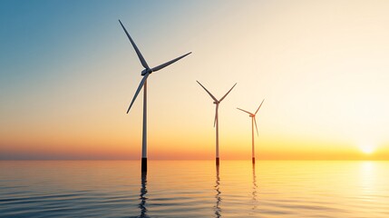 Fototapeta premium Futuristic Offshore Wind Turbines at Sunset - Tranquil Ocean Scene Showcasing Clean Energy Innovation and Environmental Harmony