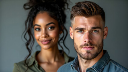 Fototapeta premium A woman with an elegant hairstyle smiles warmly while standing beside a man with a groomed beard and styled hair. Together, they create a picture of modern elegance and charm.