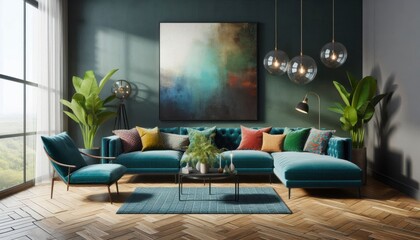 A mid-century modern living room, dark teal accent wall, large textured art canvas, teal velvet sectional sofa with colorful patterned throw pillows, wood floors, potted plant decor, industrial pendan