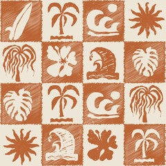 Fototapeta premium Tropical hibiscus and palm leaves. Abstract tropical seamless pattern with palm leaves. Surface cover design. Fabric textile print. surfboard and sun. Hand drawn minimal art background.