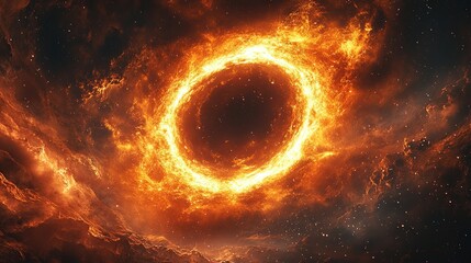 Fototapeta premium A fiery ring in space, surrounded by swirling clouds and stars.