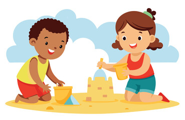 Happy kids building a sandcastle on the beach