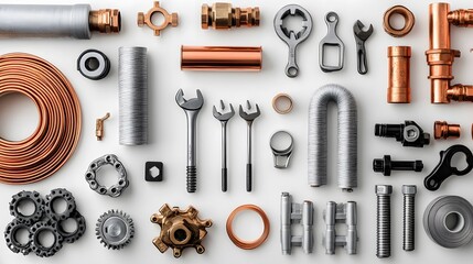 Fototapeta premium Plumbing tools and materials are neatly arranged on a white background, showcasing a well-organized layout of hoses, pipes, and fittings in a diverse industrial still-life style.