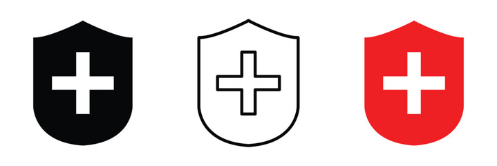 Health protection shield icon with medical cross and safety symbol outline in vector healthcare security design emblem for public preventive care insurance guard and wellness vector in eps 10.