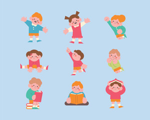 Happy girl and boy. A child reading a book. Children raising their hands. Kindergarten student. education. learning