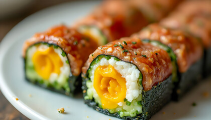 Close-up of Delicious Sushi Rolls with Mango and Spicy Sauce.