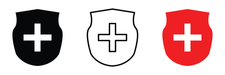 Obraz premium Health protection shield icon with medical cross and safety symbol outline in vector healthcare security design emblem for public preventive care insurance guard and wellness vector in eps 10.