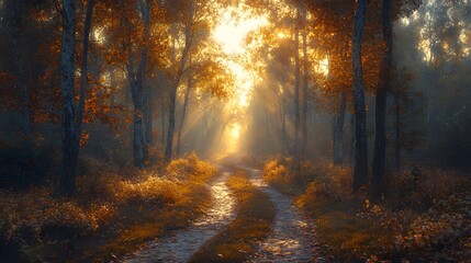 Obraz premium A sunlit forest crossroads reveals three diverging paths under bright dappled light, creating a serene and ethereal atmosphere in a misty morning scene.